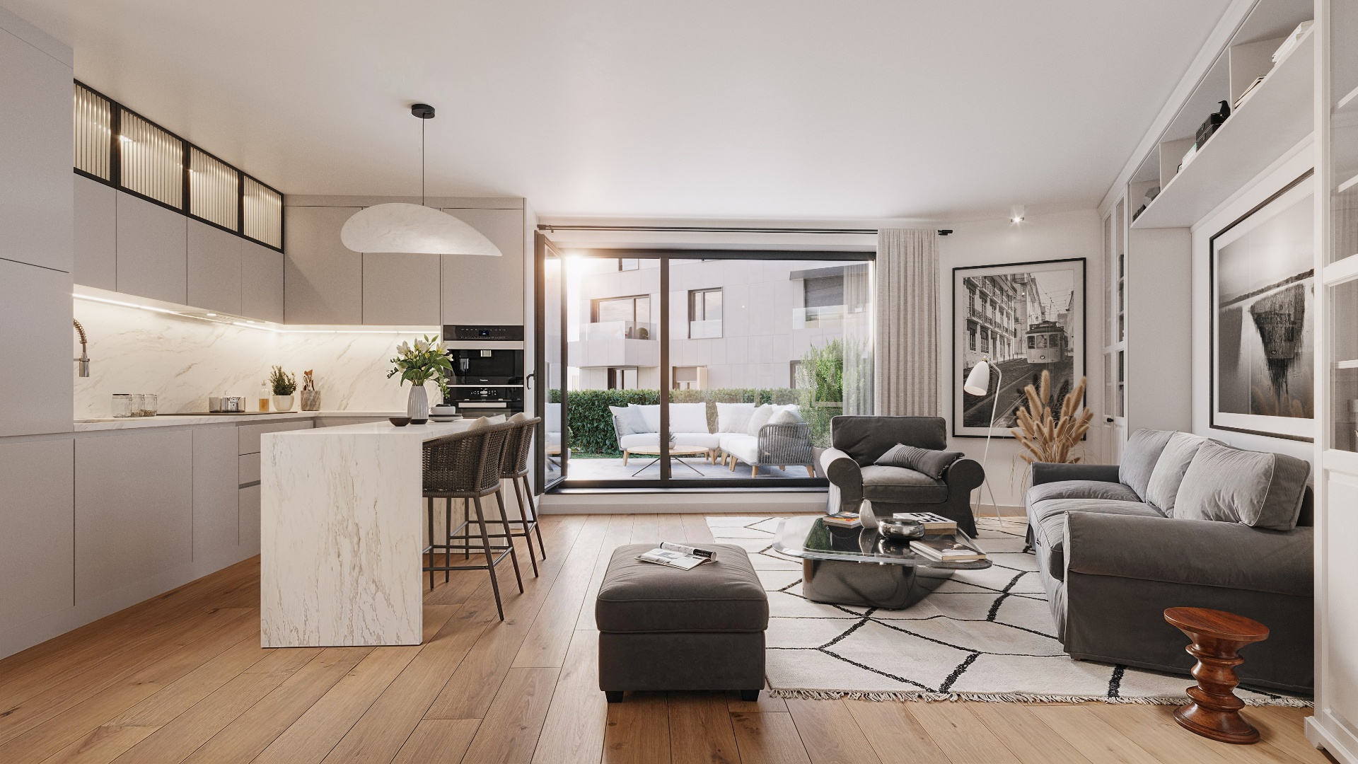 Intérieur d'un appartement avec vue sur la forêt